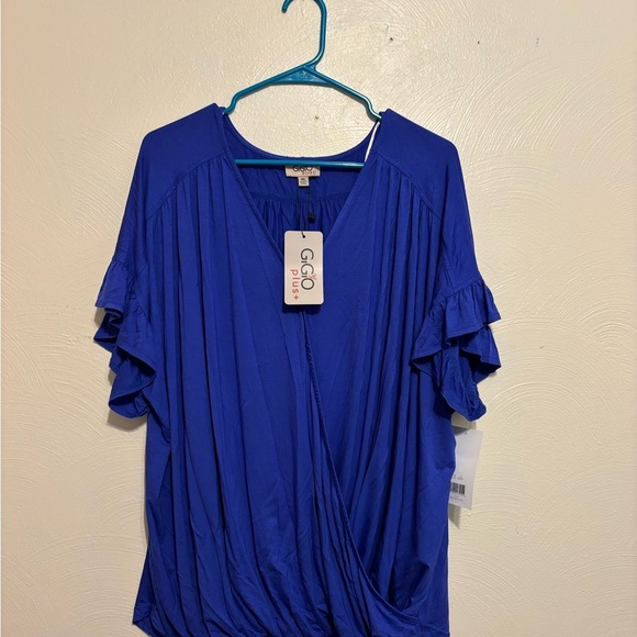 Blue Wrap Blouse with Ruffled Sleeves - Picture 1 of 8